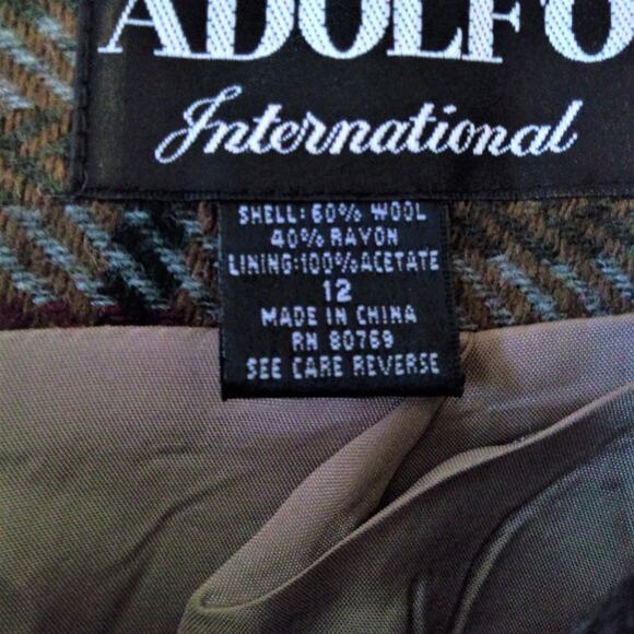 Adolfo Brown Multi Plaid Wool Straight Knee Length Skirt - Size 12 - Picture 10 of 10